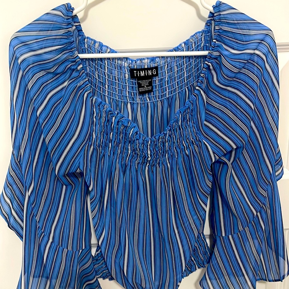 Open shoulders light blue and white strip blouse
